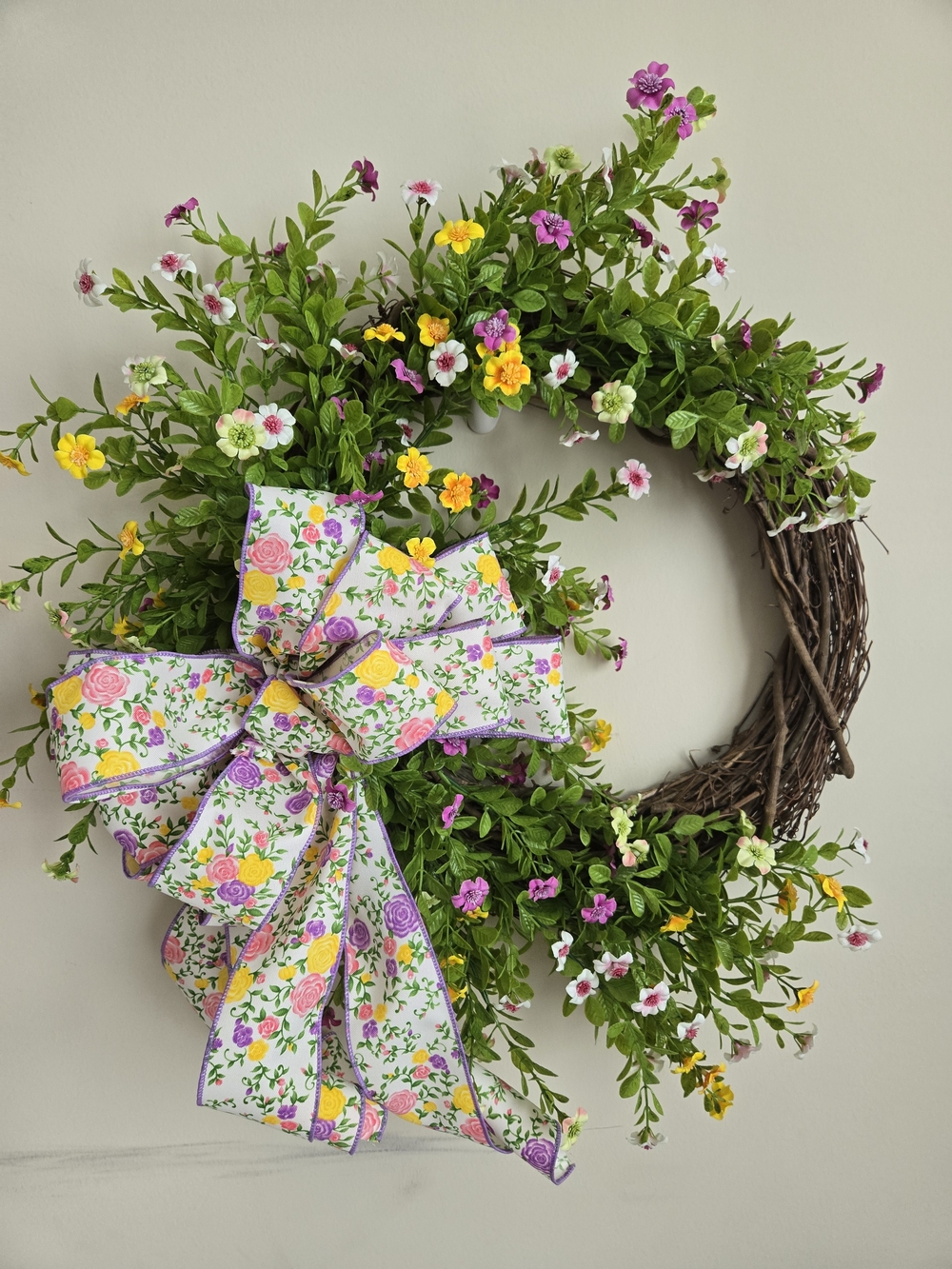 Spring Floral Grapevine Wreath with Pink, Yellow & Purple Ribbon
